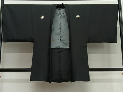 平和屋着物∞男性　長羽織　黒紋付　羽裏：鷹　正絹　逸品　CABG3676ua