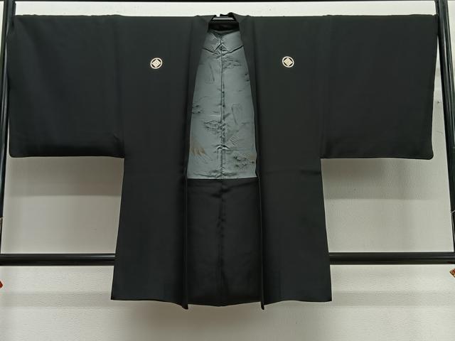 平和屋着物∞男性　長羽織　黒紋付　羽裏：鷹　正絹　逸品　CABG3676ua