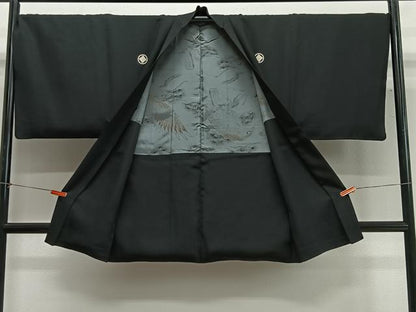 平和屋着物∞男性　長羽織　黒紋付　羽裏：鷹　正絹　逸品　CABG3676ua