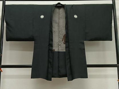 平和屋着物∞男性　長羽織　黒紋付　羽裏：鷹　正絹　逸品　CABG3677ua