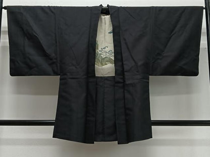 平和屋着物∞男性　羽織　お召地　暗黒色　正絹　逸品　CABG3695ua