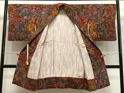 平和屋着物∞道中着　型染め　草花文　鬼しぼ縮緬　正絹　逸品　CABG3713ua