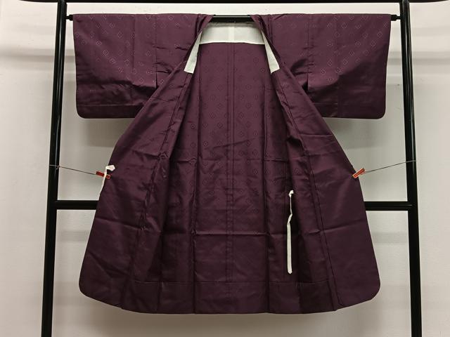 平和屋着物＃道行コート　雨コート　単衣　花織　格子柄　蒲葡色　ロング丈　収納袋付き　正絹　逸品　CABG3716ua