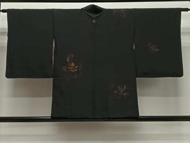 平和屋着物＃羽織　寿光織　草花文　黒地　金糸　正絹　逸品　CABG3725ua