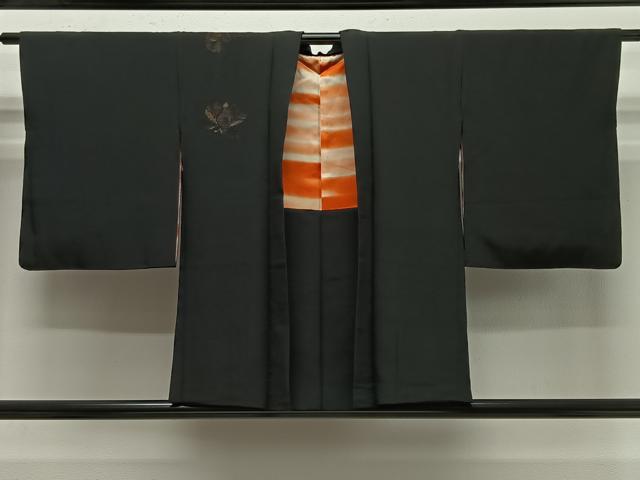 平和屋着物＃羽織　寿光織　草花文　黒地　金糸　正絹　逸品　CABG3725ua