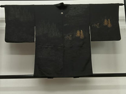 平和屋着物＃羽織　寿光織　樹林文　黒地　金銀糸　正絹　逸品　CABG3726ua