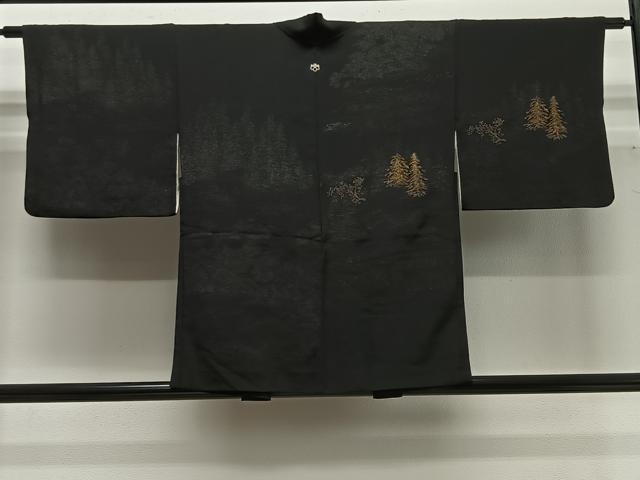 平和屋着物＃羽織　寿光織　樹林文　黒地　金銀糸　正絹　逸品　CABG3726ua