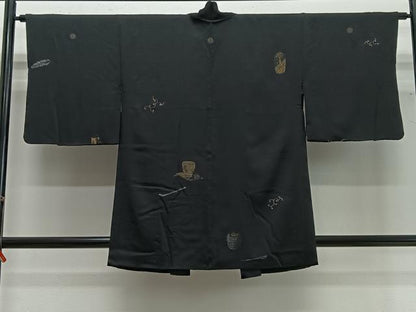 平和屋着物＃羽織　寿光織　茶道具　黒地　金糸　正絹　逸品　CABG3729ua