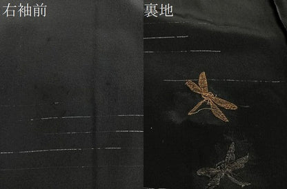 平和屋着物＃羽織　単衣　竹屋町刺繍　とんぼ　黒地　金糸　正絹　逸品　CABG3732ua