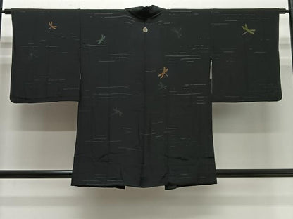 平和屋着物＃羽織　単衣　竹屋町刺繍　とんぼ　黒地　金糸　正絹　逸品　CABG3732ua