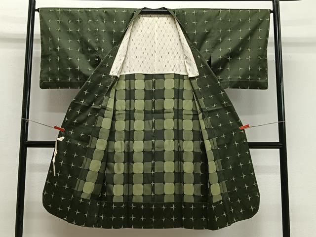 平和屋着物＃道行コート　雨コート　単衣　十字絣　ロング丈　正絹　逸品　CABG3734ua