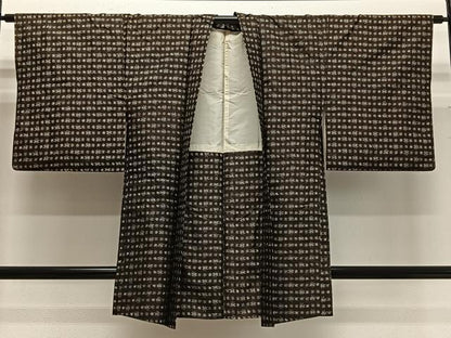 平和屋着物＃長羽織　紬地　絣文様　黒地　正絹　逸品　CABG3739ua