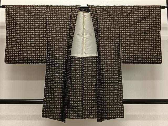 平和屋着物＃長羽織　紬地　絣文様　黒地　正絹　逸品　CABG3739ua