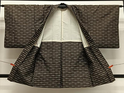 平和屋着物＃長羽織　紬地　絣文様　黒地　正絹　逸品　CABG3739ua