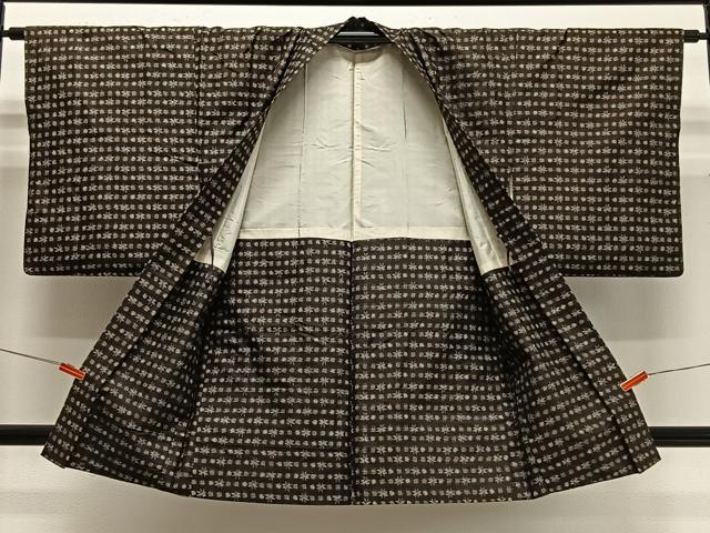 平和屋着物＃長羽織　紬地　絣文様　黒地　正絹　逸品　CABG3739ua