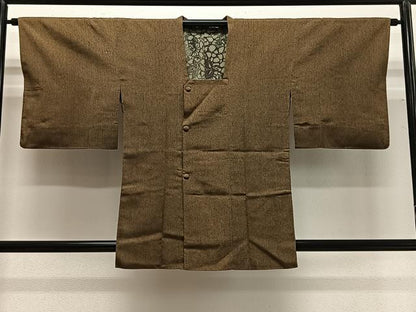 平和屋着物＃道行コート　紬地　黄枯茶色　正絹　逸品　CABG3741ua