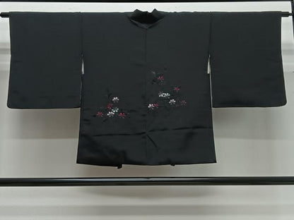 平和屋着物＃羽織　総刺繍　流水花文　黒地　正絹　逸品　CABG3742ua