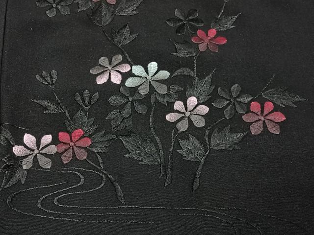平和屋着物＃羽織　総刺繍　流水花文　黒地　正絹　逸品　CABG3742ua