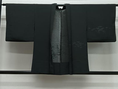 平和屋着物＃羽織　単衣　寿光織　笹竹文　黒地　正絹　逸品　CABG3744ua