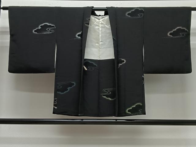 平和屋着物＃羽織　地紋起こし　雲取り文　黒地　正絹　逸品　CABG3745ua