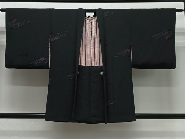 平和屋着物＃羽織　寿光織　抽象文　黒地　正絹　逸品　CABG3749ua