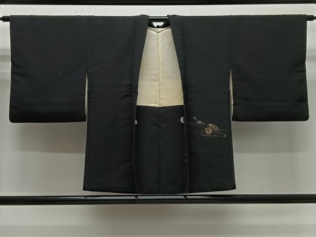 平和屋着物＃羽織　寿光織　檜扇文　黒地　金銀糸　正絹　逸品　CABG3750ua