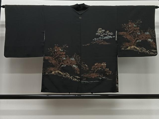 平和屋着物＃羽織　寿光織　枝花文　黒地　金糸　正絹　逸品　CABG3756ua