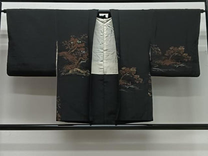 平和屋着物＃羽織　寿光織　枝花文　黒地　金糸　正絹　逸品　CABG3756ua