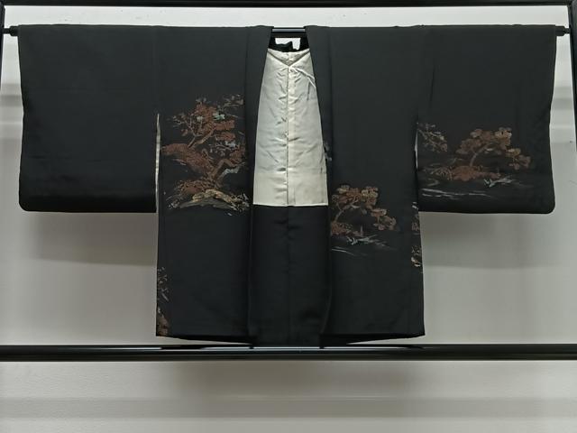 平和屋着物＃羽織　寿光織　枝花文　黒地　金糸　正絹　逸品　CABG3756ua