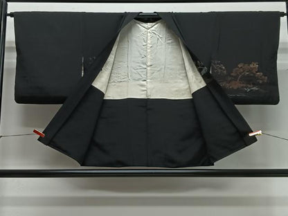 平和屋着物＃羽織　寿光織　枝花文　黒地　金糸　正絹　逸品　CABG3756ua
