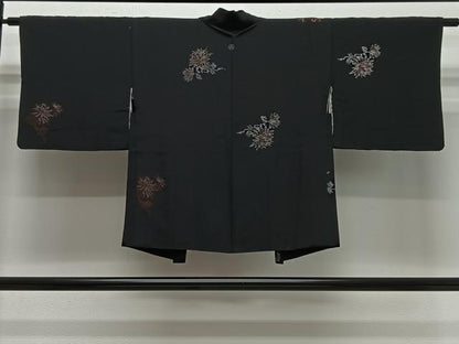 平和屋着物＃羽織　寿光織　枝菊文　黒地　銀糸　正絹　逸品　CABG3758ua