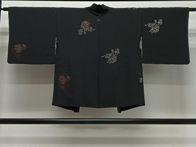平和屋着物＃羽織　寿光織　枝菊文　黒地　銀糸　正絹　逸品　CABG3758ua