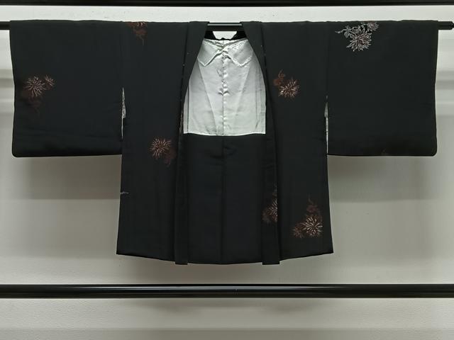 平和屋着物＃羽織　寿光織　枝菊文　黒地　銀糸　正絹　逸品　CABG3758ua