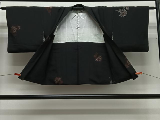 平和屋着物＃羽織　寿光織　枝菊文　黒地　銀糸　正絹　逸品　CABG3758ua