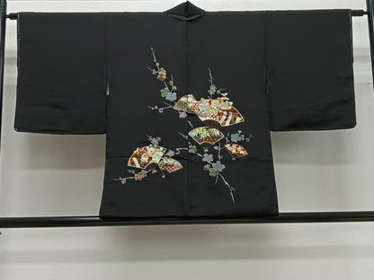 平和屋着物＃羽織　扇面吉祥文　黒地　金彩　正絹　逸品　未使用　CABG3761ua