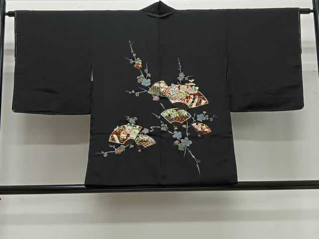 平和屋着物＃羽織　扇面吉祥文　黒地　金彩　正絹　逸品　未使用　CABG3761ua