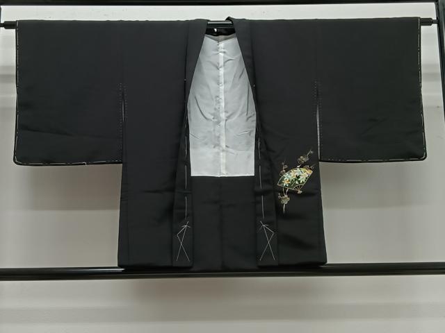 平和屋着物＃羽織　扇面吉祥文　黒地　金彩　正絹　逸品　未使用　CABG3761ua