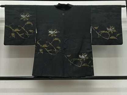 平和屋着物＃羽織　寿光織　枝花文　黒地　金糸　正絹　逸品　CABG3763ua