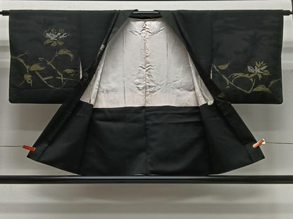 平和屋着物＃羽織　寿光織　枝花文　黒地　金糸　正絹　逸品　CABG3763ua