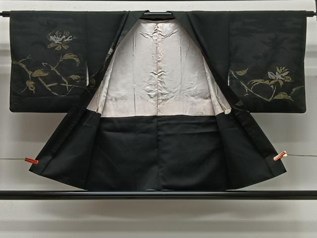 平和屋着物＃羽織　寿光織　枝花文　黒地　金糸　正絹　逸品　CABG3763ua