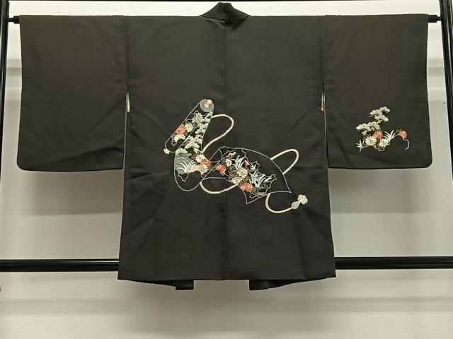 平和屋着物＃羽織　総刺繍　絵巻草花文　黒地　正絹　逸品　CABG3769ua