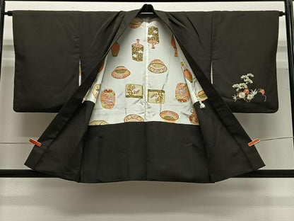 平和屋着物＃羽織　総刺繍　絵巻草花文　黒地　正絹　逸品　CABG3769ua