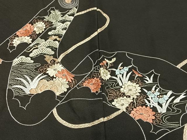 平和屋着物＃羽織　総刺繍　絵巻草花文　黒地　正絹　逸品　CABG3769ua