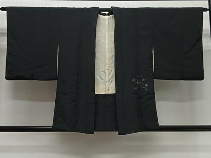 平和屋着物＃羽織　寿光織　枝花文　黒地　金糸　正絹　逸品　CABG3776ua
