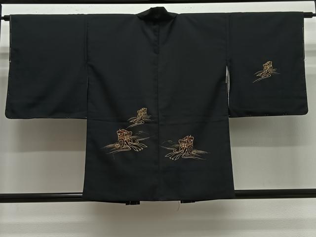 平和屋着物＃羽織　総刺繍　流水御所車文　黒地　金糸　洗える着物　未使用　CABG3779ua