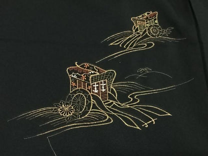 平和屋着物＃羽織　総刺繍　流水御所車文　黒地　金糸　洗える着物　未使用　CABG3779ua