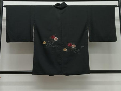 平和屋着物＃羽織　総刺繍　草花文　黒地　金糸　正絹　逸品　CABG3780ua