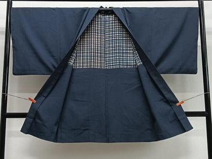 平和屋着物∞男性　長羽織　紬地　鉄御納戸色　正絹　逸品　CABG3782ua
