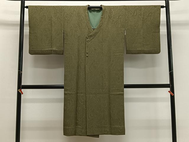 平和屋着物∞道行コート　ペイズリー地紋　草色　ロング丈　正絹　逸品　CABG3786ua