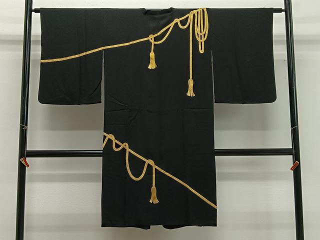 平和屋着物∞道行コート　総刺繍　紐文　黒地　正絹　逸品　CABG3787ua